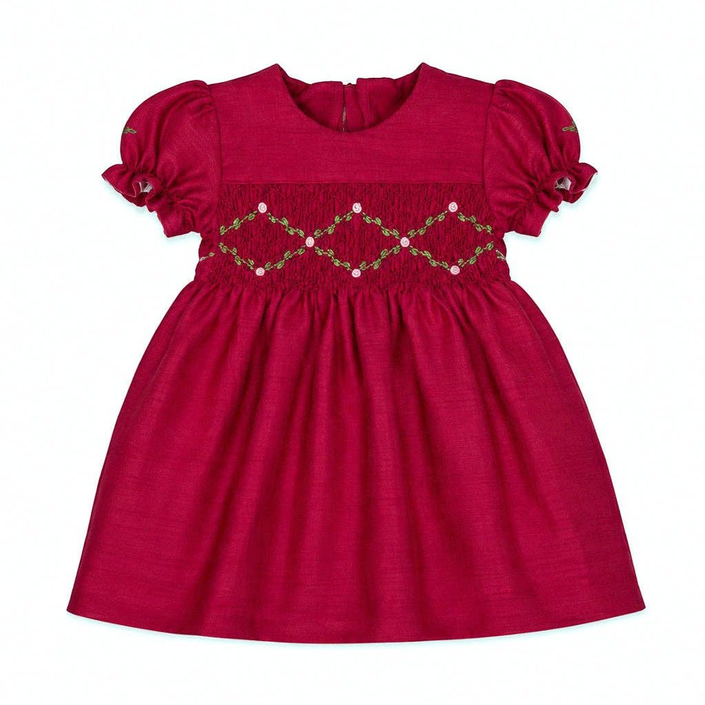 Red Smocked Floral Embroidered Dress with Puff Sleeves