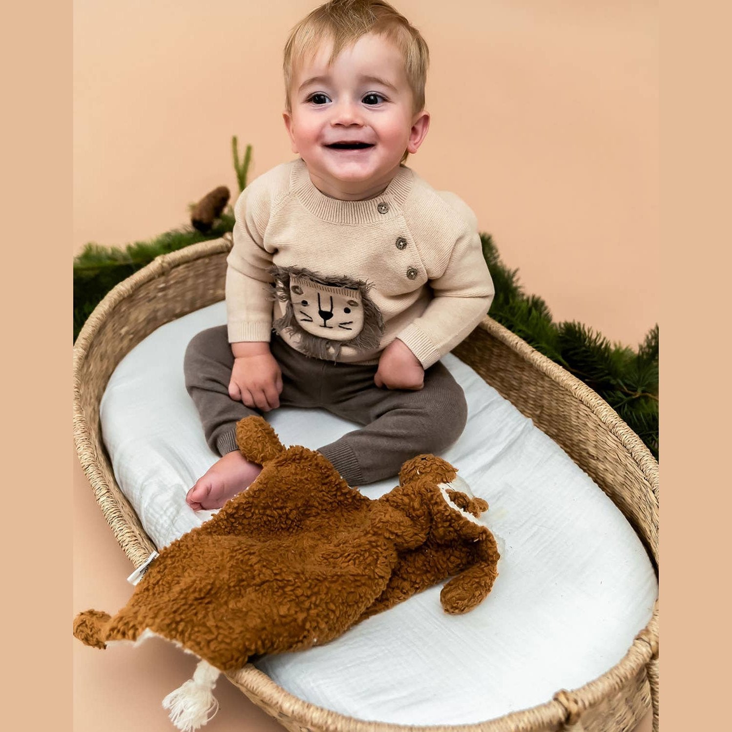 Lion Appliqué Oat Knit Baby Sweater and Pants Set