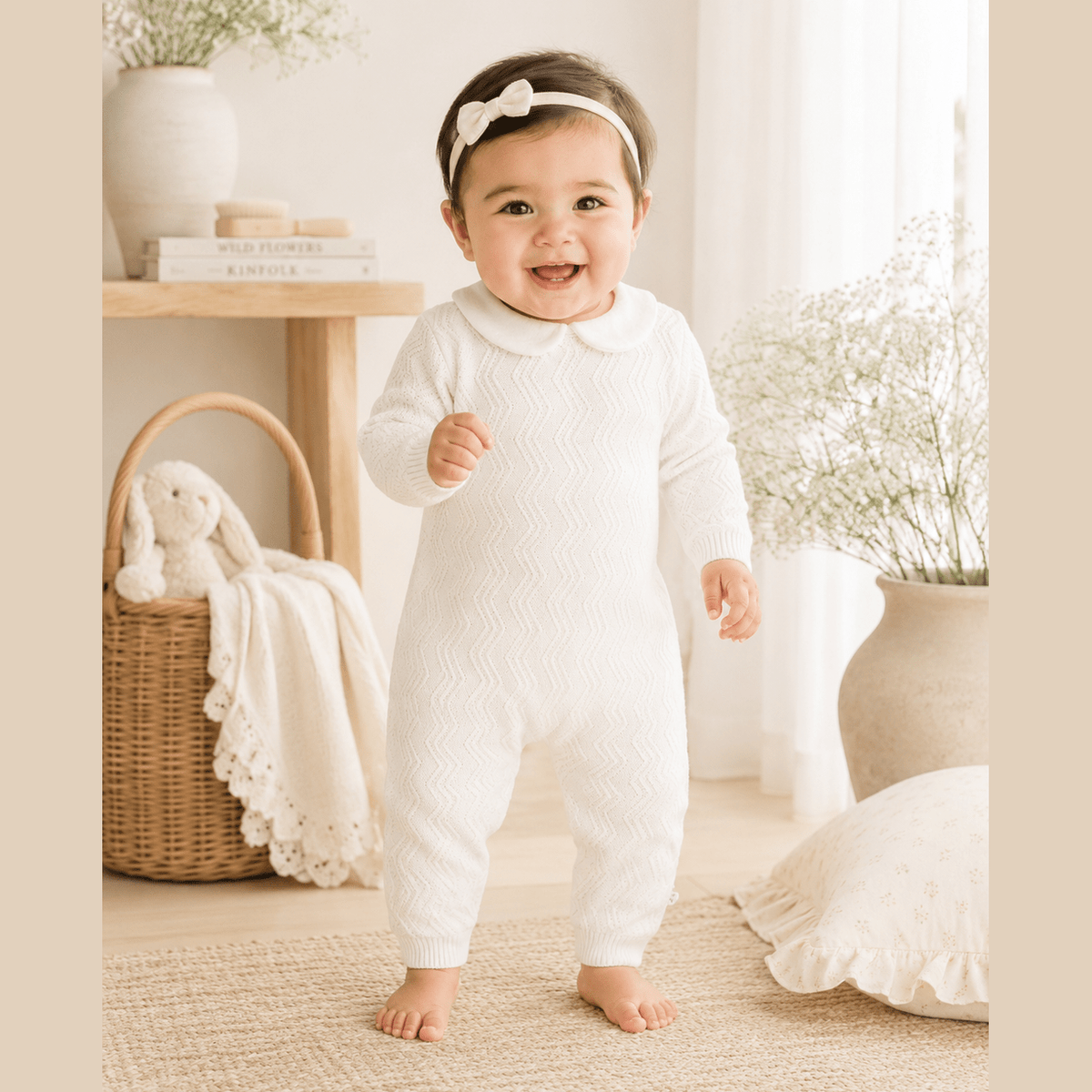 Dove White Knit Peter Pan Chevron Baby Jumpsuit (Organic): Dove White