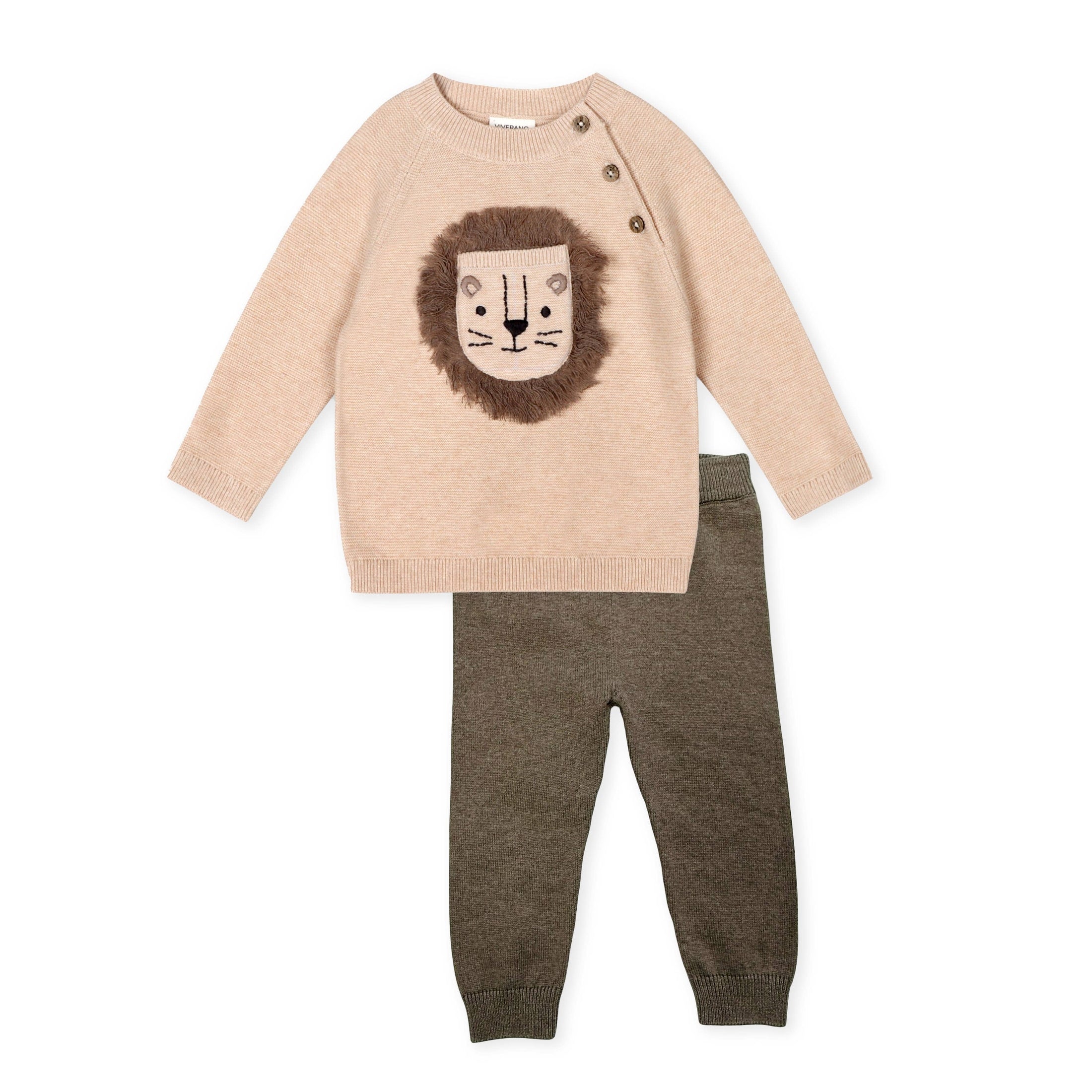 Lion Appliqué Oat Knit Baby Sweater and Pants Set