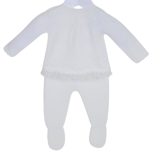 White Baby Knit Outfit Set – Long Sleeve Sweater & Footed Pants with Lace Trim