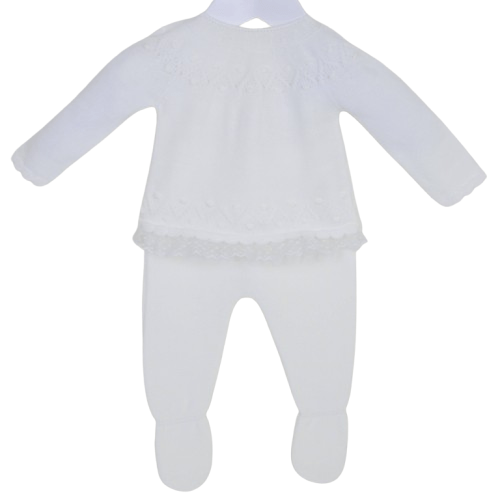 White Baby Knit Outfit Set – Long Sleeve Sweater & Footed Pants with Lace Trim
