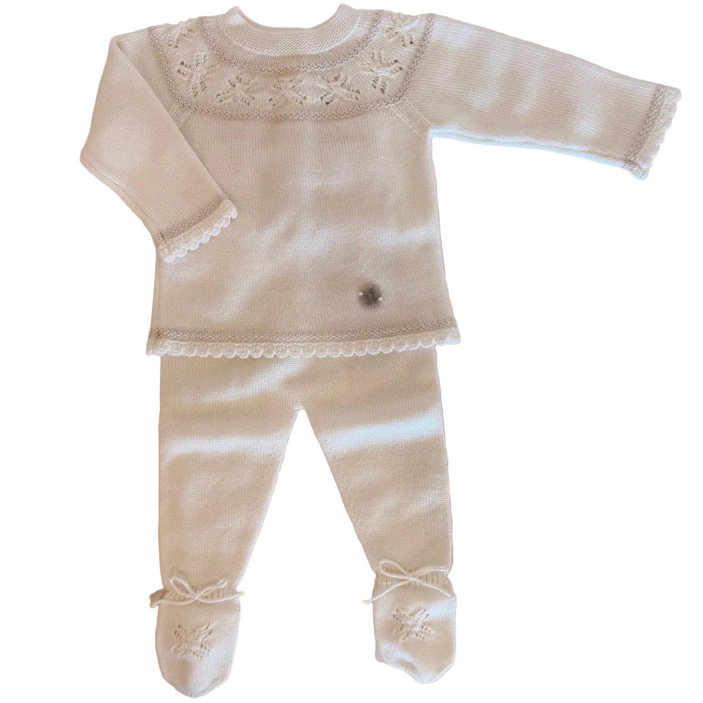 Baby White 2-Piece Knitted Set – Long Sleeve Sweater & Footed Pants