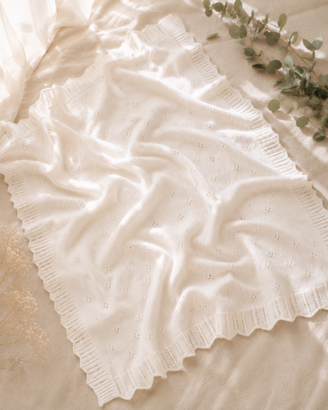 Dove White Classic Pointelle Knit Baby Blanket