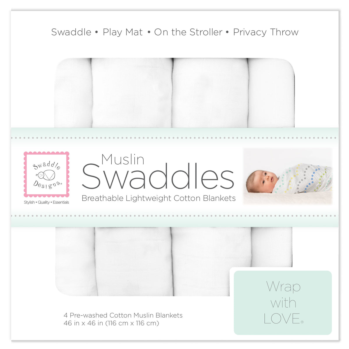 Muslin Swaddle Blankets, Set of 4, Pure White