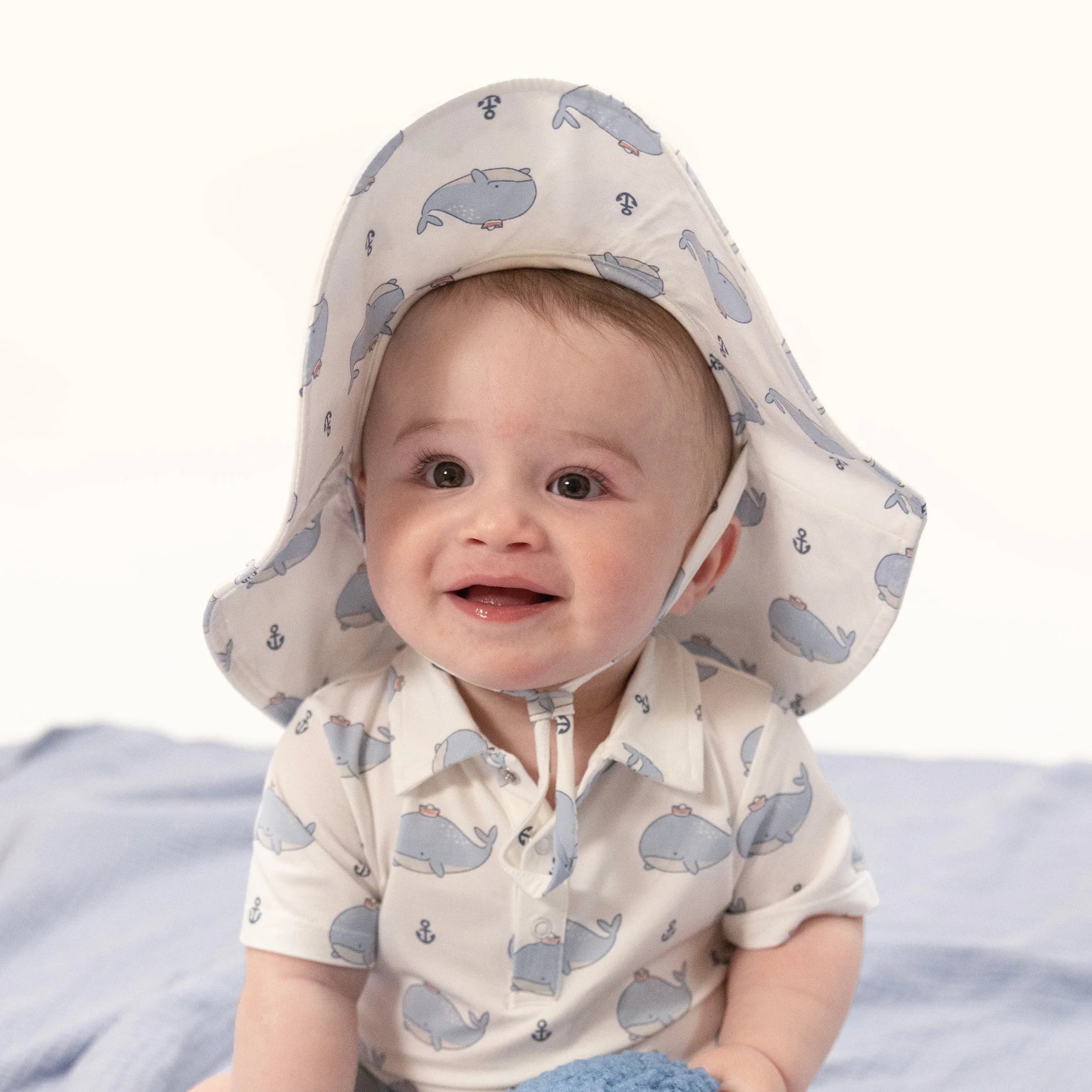 Bubbly Sailor Whales Blue Wide Brim Sun Hat
