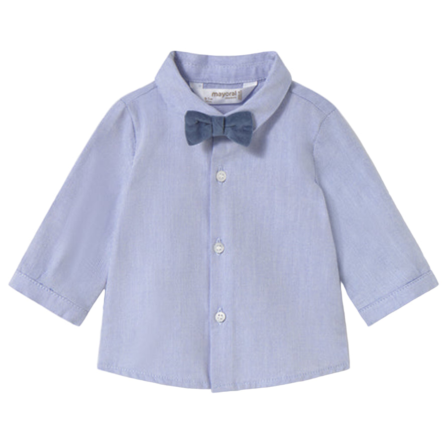 Baby Blue Long-Sleeve Button-Down Shirt with Bow Tie