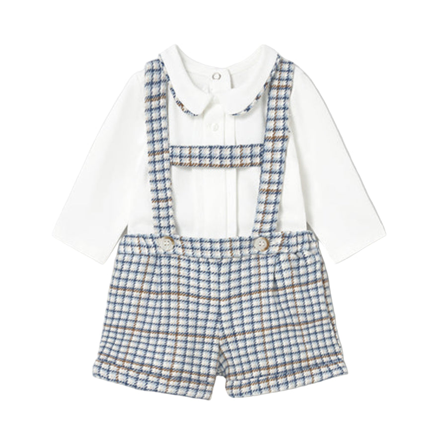 Blue Bell Checked Shorts with Suspender and Shirt Set