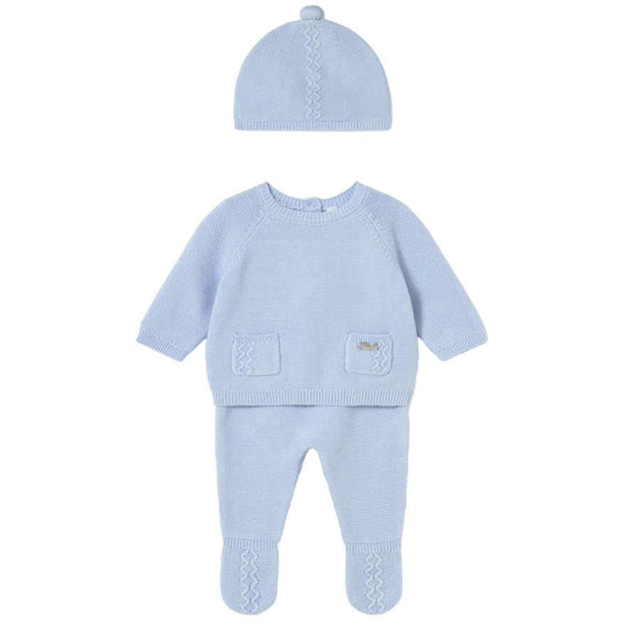 Light Blue Knitted Cotton Sweater, Footie & Hat Set