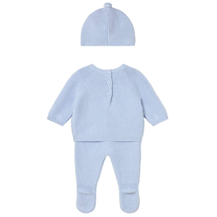 Light Blue Knitted Cotton Sweater, Footie & Hat Set