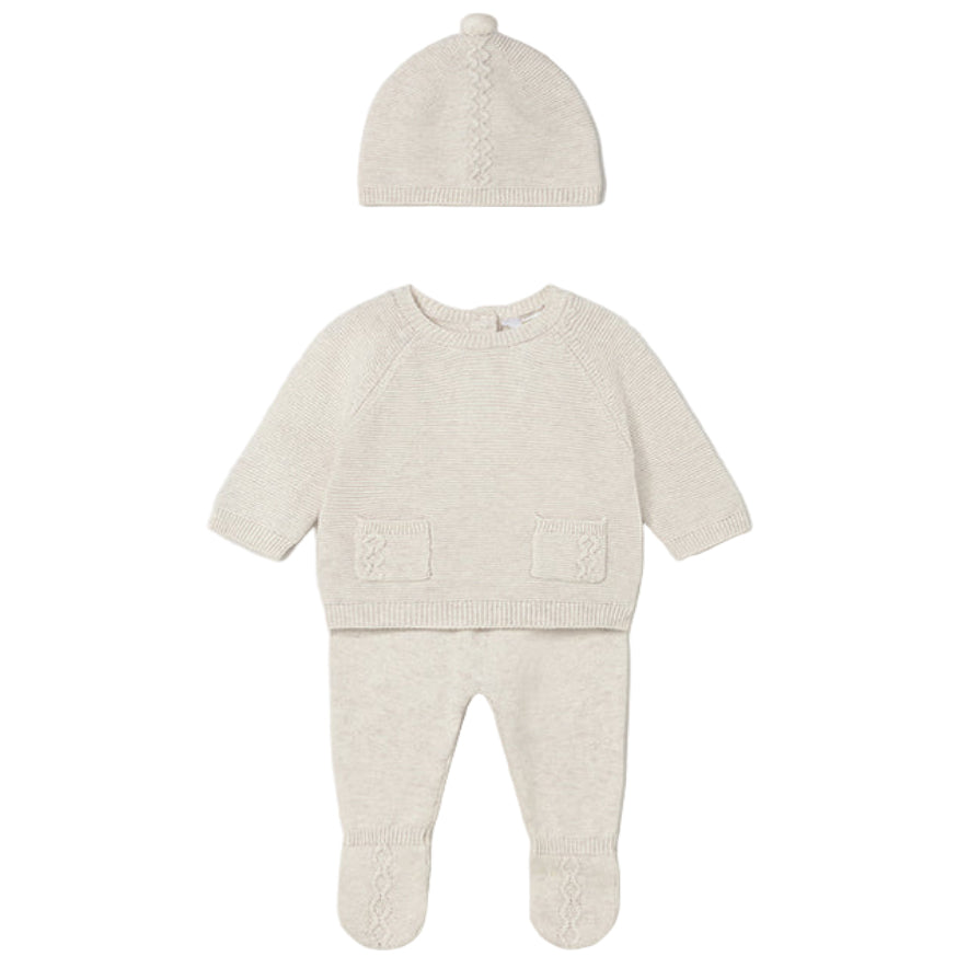 Beige Baby Knitted Cotton Sweater, Footie & Hat Set