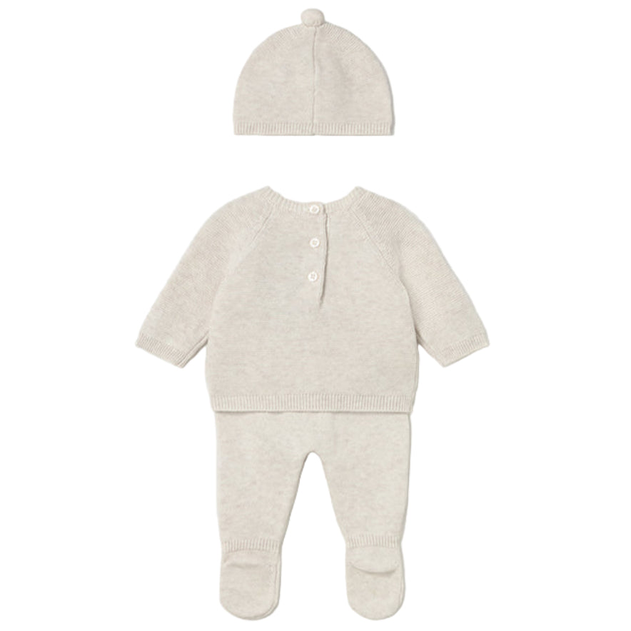 Beige Baby Knitted Cotton Sweater, Footie & Hat Set