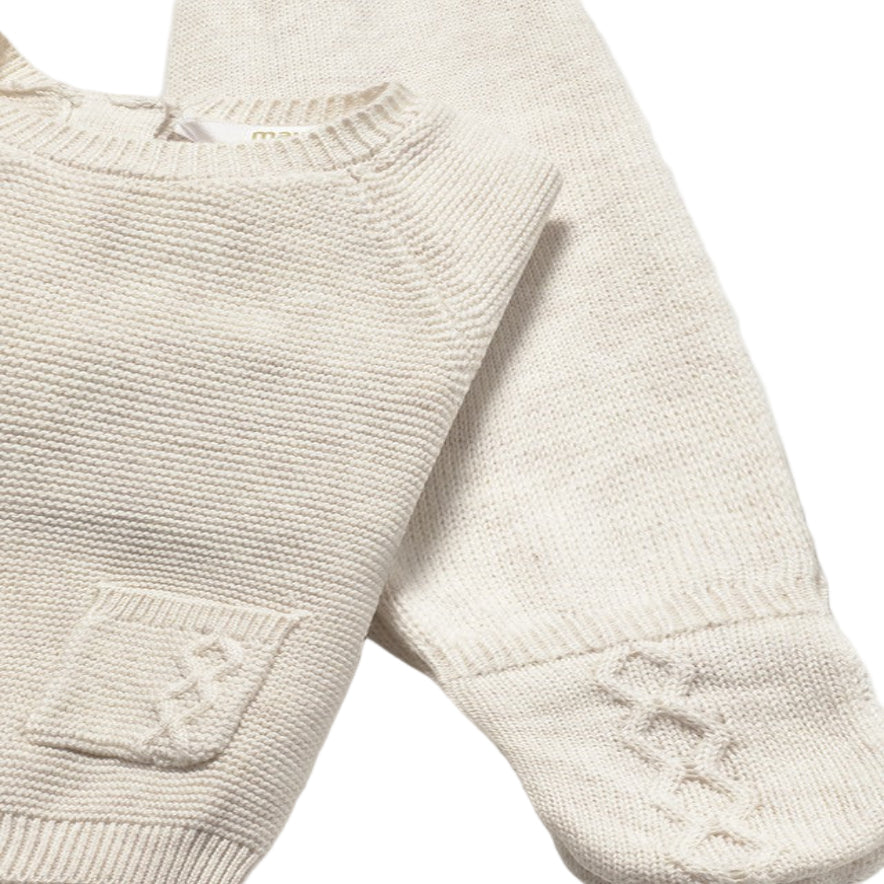 Beige Baby Knitted Cotton Sweater, Footie & Hat Set