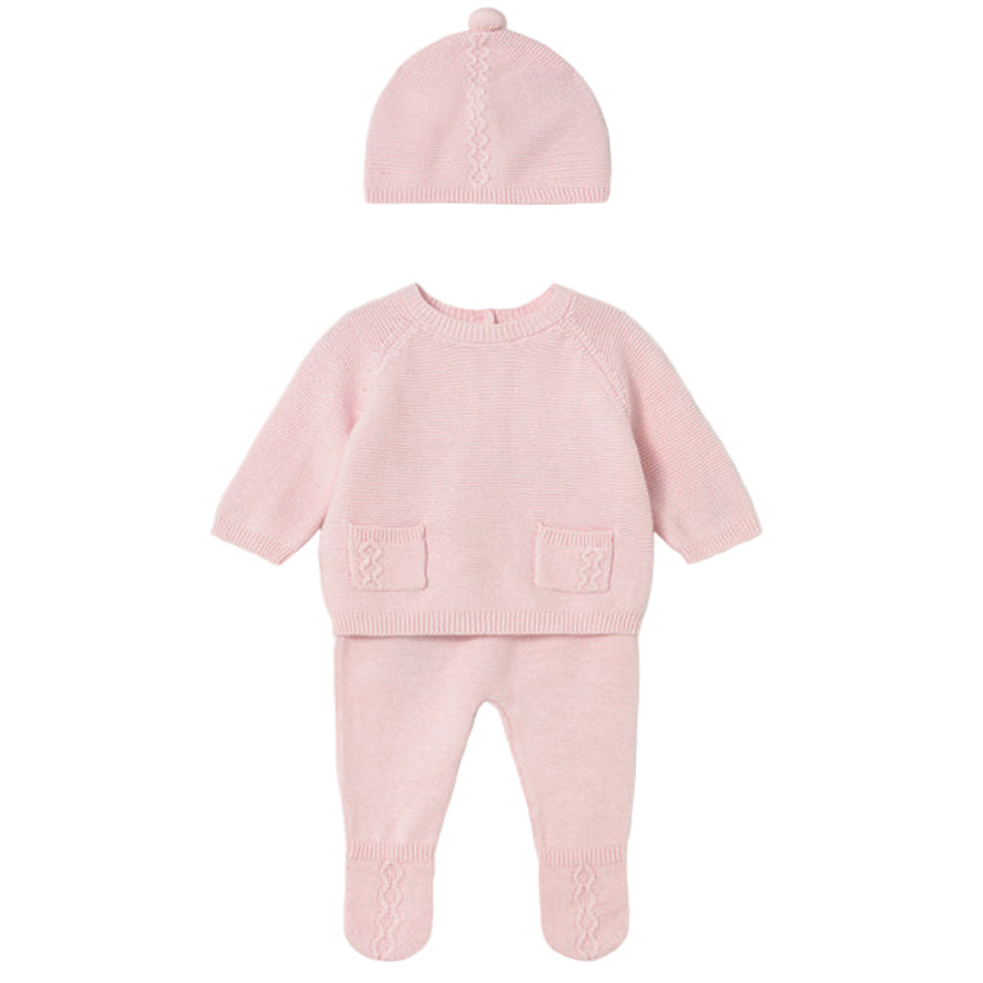 Baby Pink Knitted Cotton Sweater, Footie & Hat Set