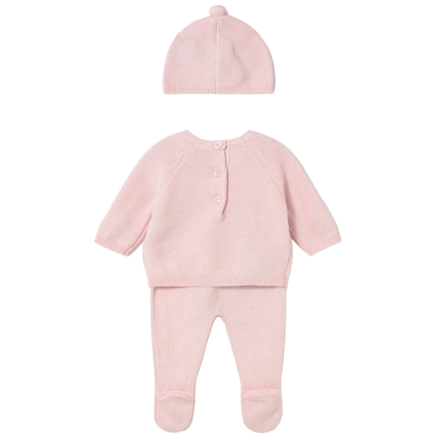 Baby Pink Knitted Cotton Sweater, Footie & Hat Set