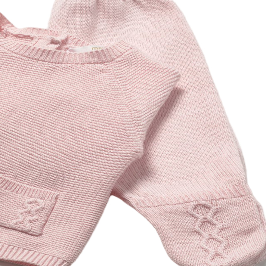 Baby Pink Knitted Cotton Sweater, Footie & Hat Set