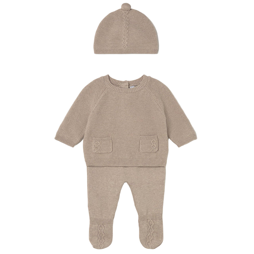Baby Boy Cotton Knit Outfit Set – Sweater, Footie & Hat in Beige