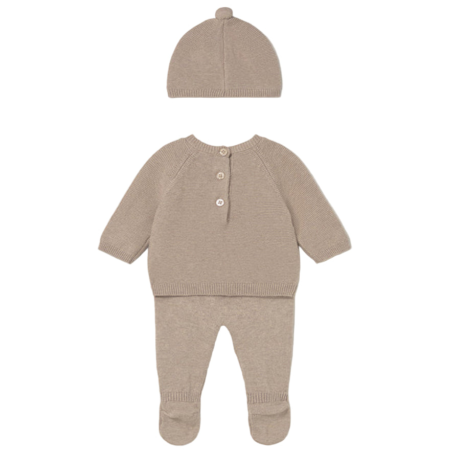 Baby Boy Cotton Knit Outfit Set – Sweater, Footie & Hat in Beige