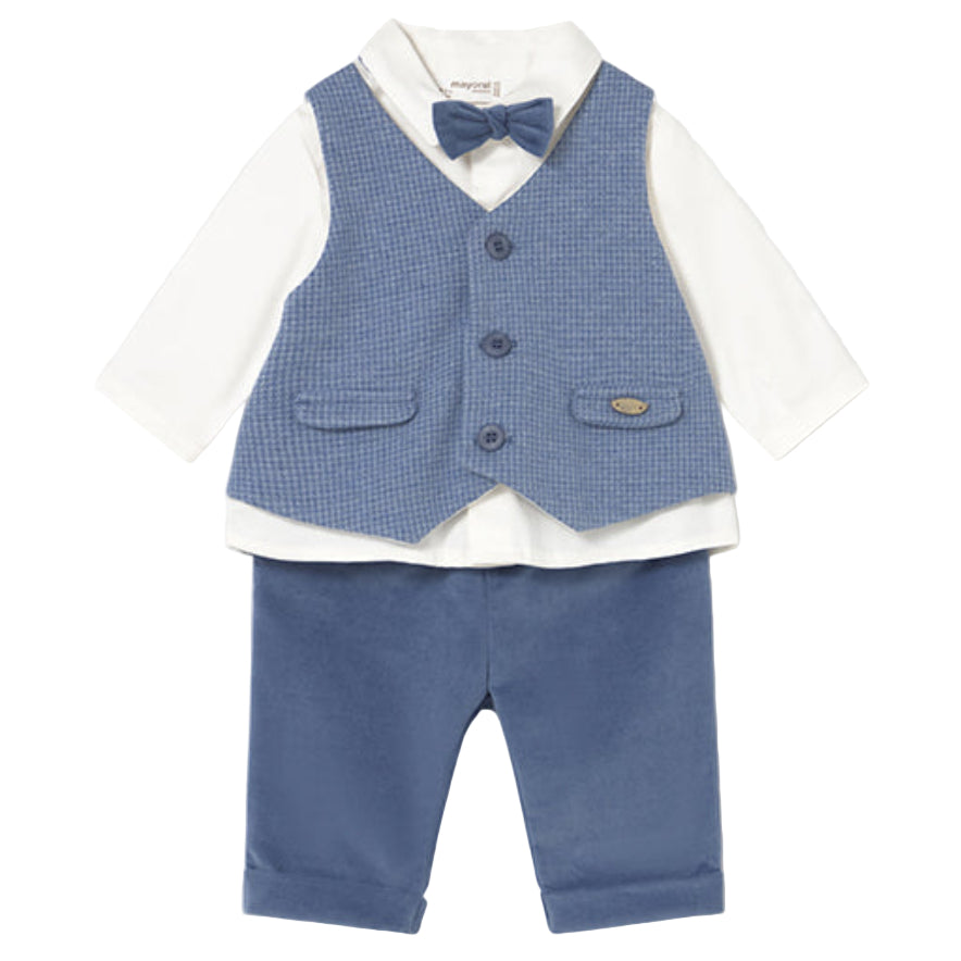 3-Piece Baby Boy Outfit with Bow Tie – Blue Vest, Shirt & Trousers Set
