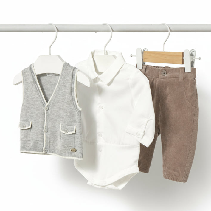 Baby Boy Smart Casual Outfit Set – Knit Vest with Shirt Bodysuit & Trousers