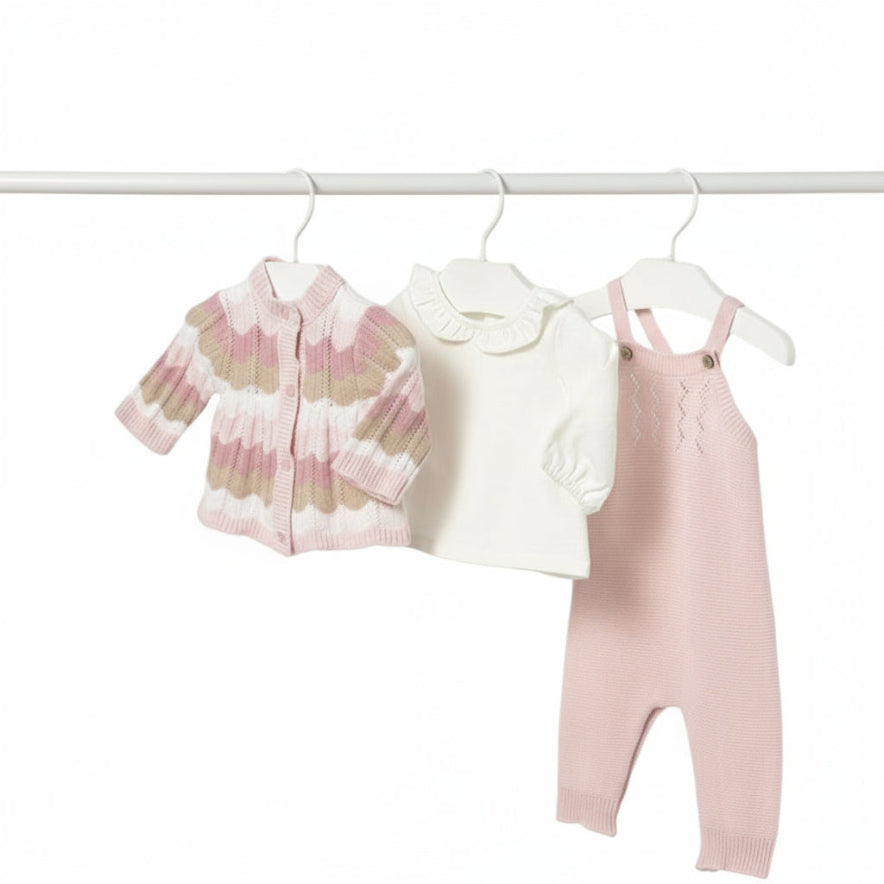 Baby Girl Pink Knitted Dungaree Set with Cardigan and T-Shirt