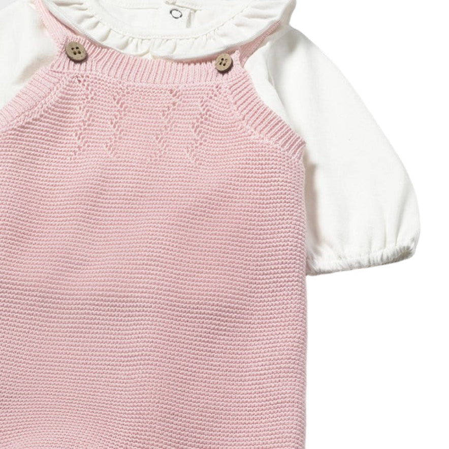 Baby Girl Pink Knitted Dungaree Set with Cardigan and T-Shirt