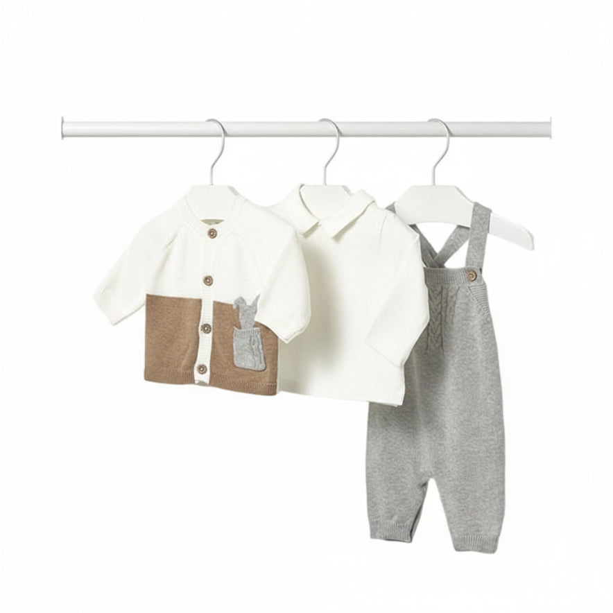 Baby Boy 3-Piece Knit Outfit – Dungarees, Cardigan & Long Sleeve T-Shirt