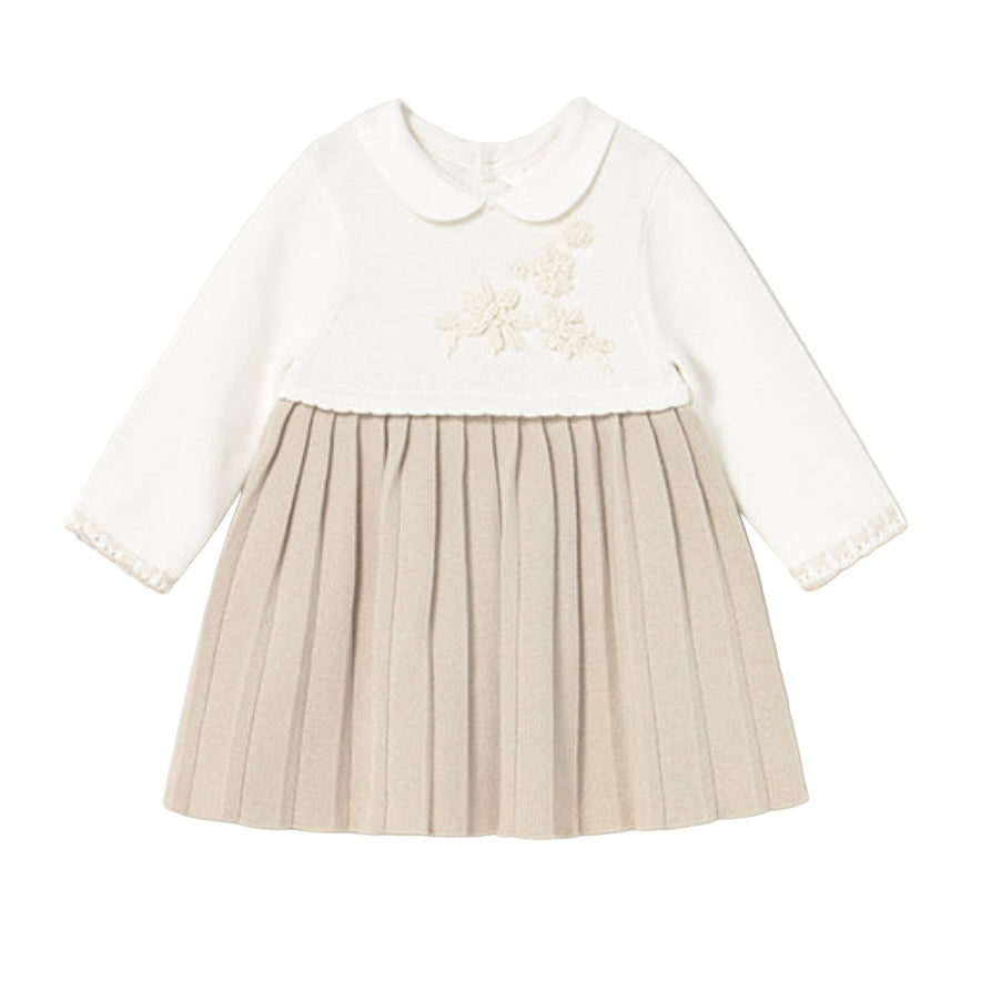 Baby Girl Beige Cotton Dress with Embroidered Details