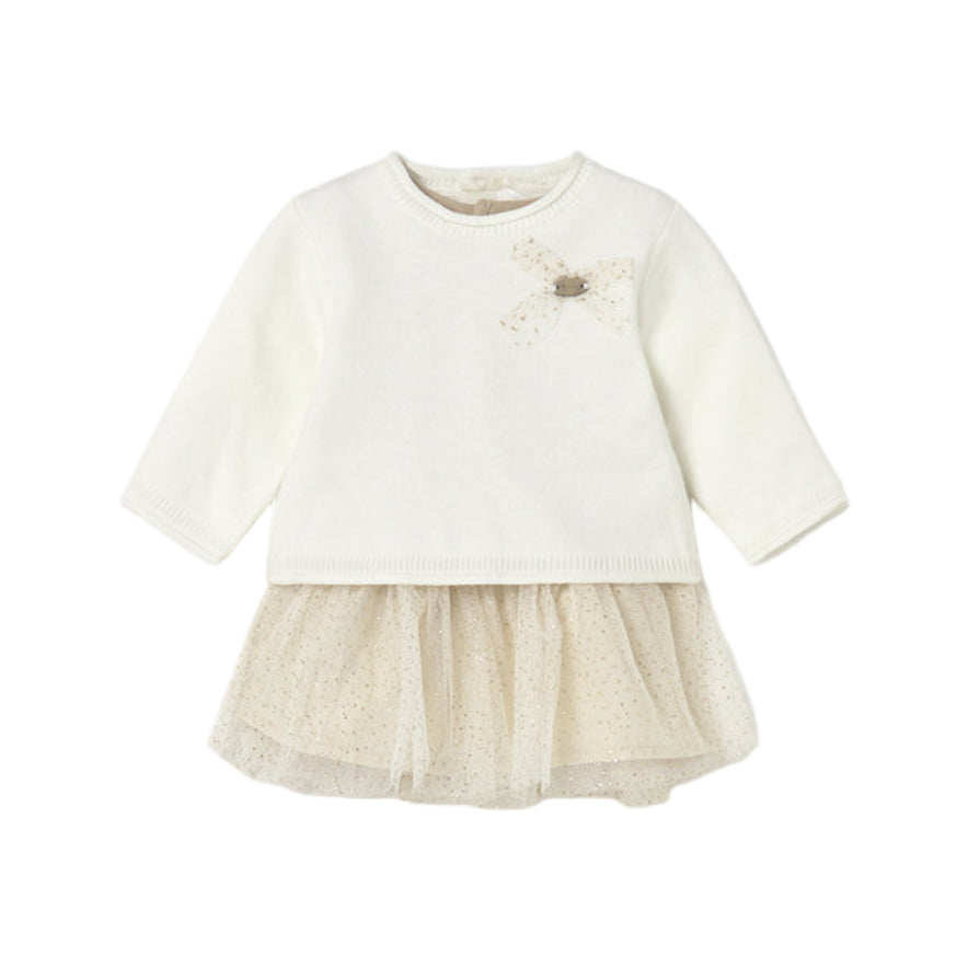 Baby Girl Cream Cotton Dress with Tulle Skirt & Bow Detail