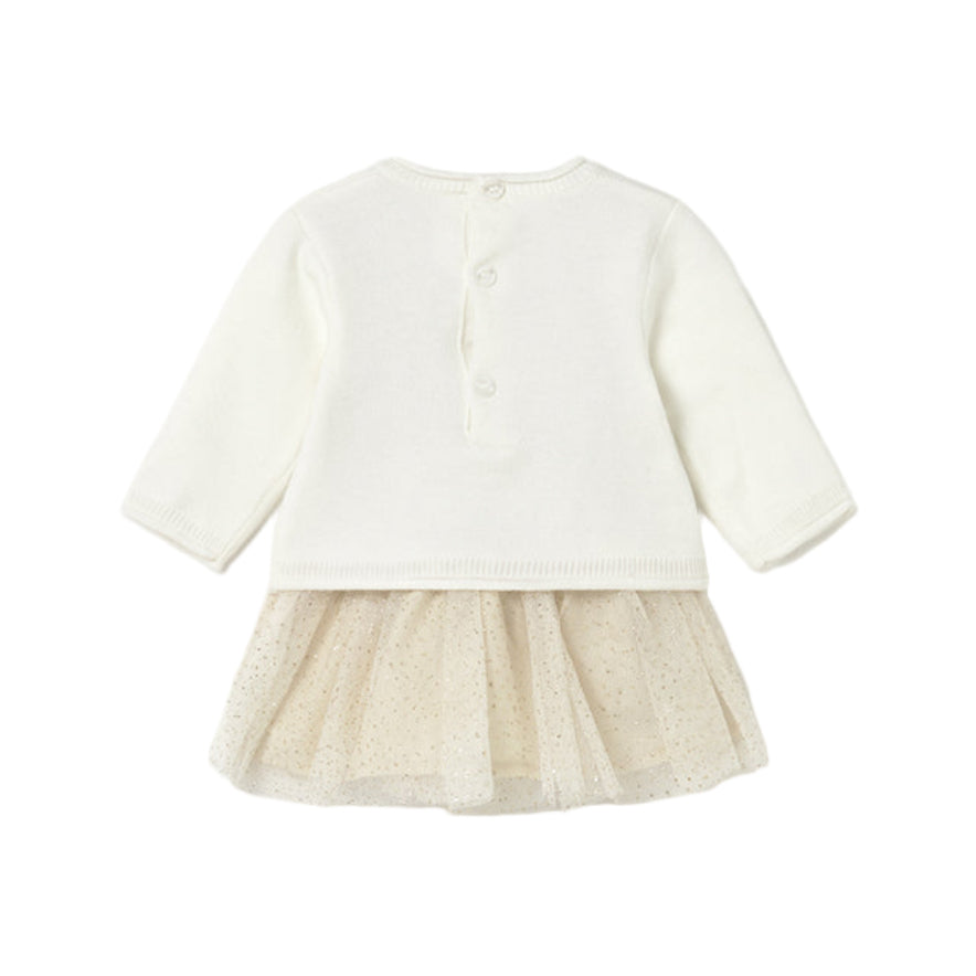 Baby Girl Cream Cotton Dress with Tulle Skirt & Bow Detail