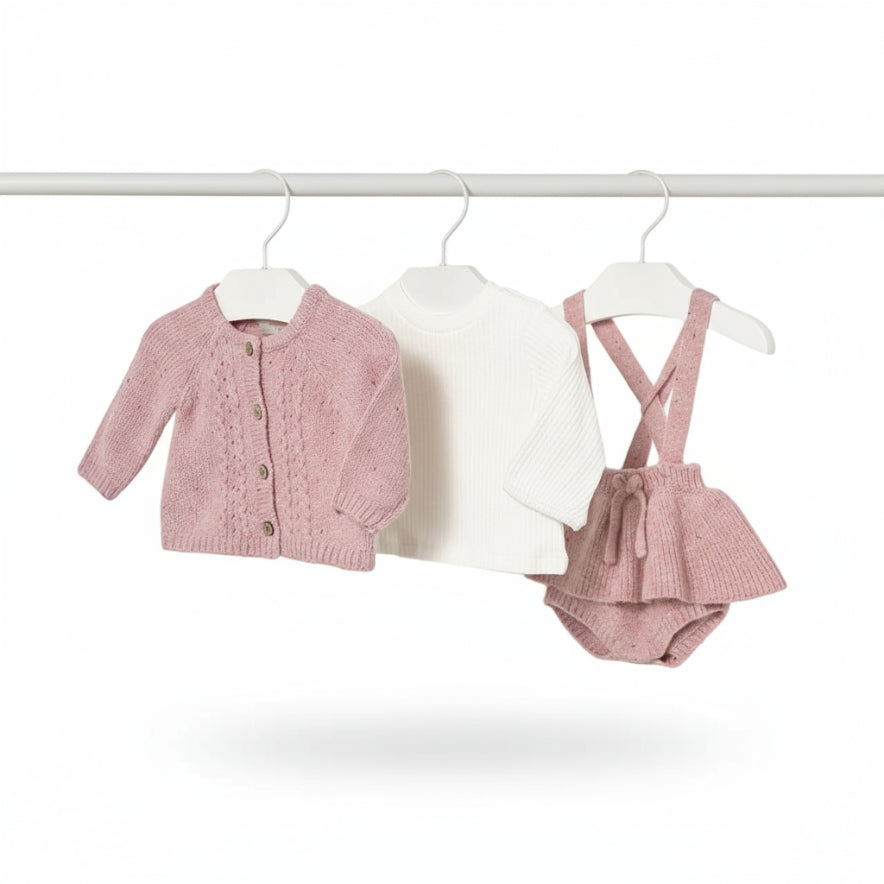 Baby Girl Knit 3-Piece Set – Pink Cardigan, Long Sleeve Top & Suspender Knickers