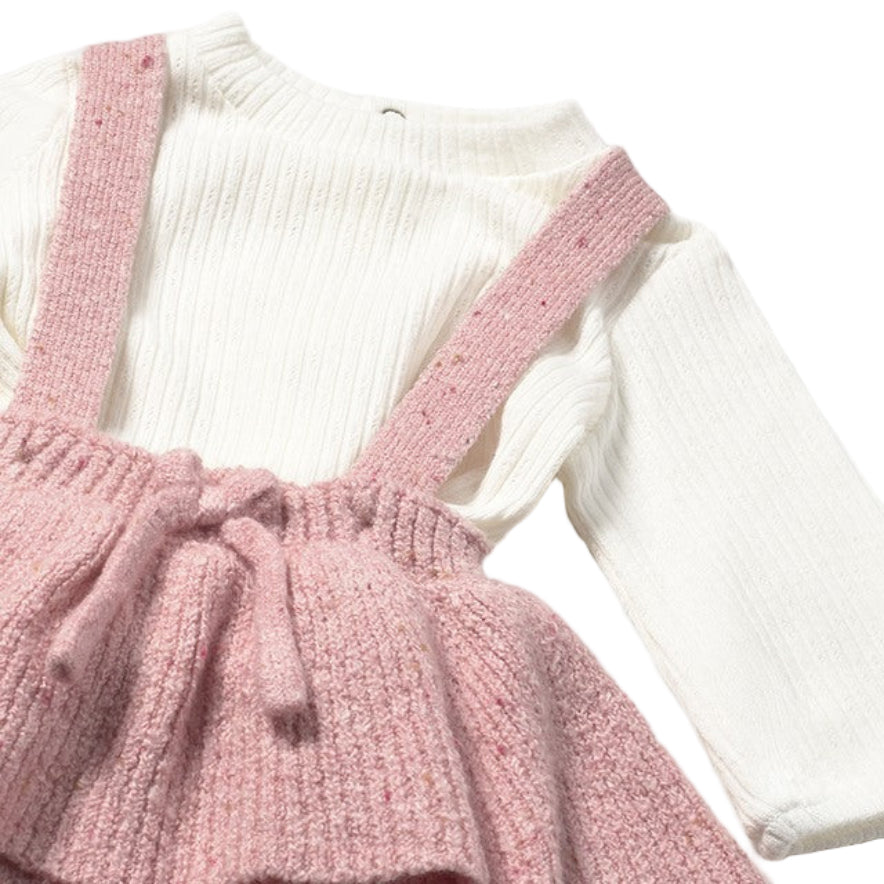 Baby Girl Knit 3-Piece Set – Pink Cardigan, Long Sleeve Top & Suspender Knickers