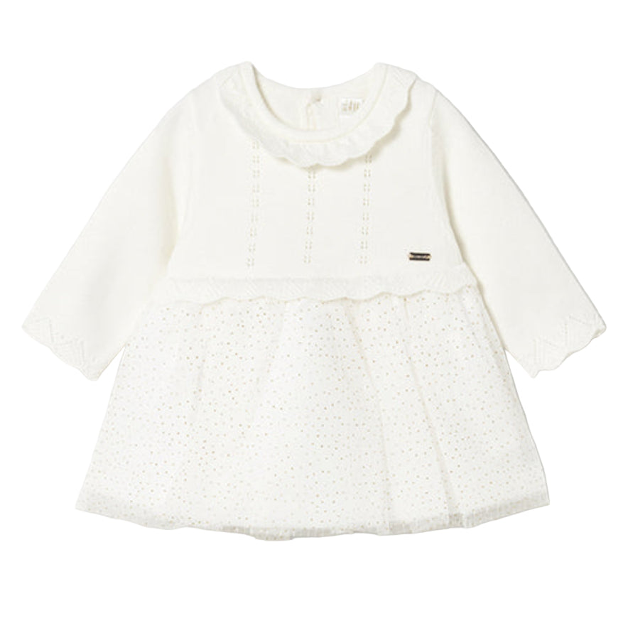 Baby Girl White Knit Dress – Long Sleeve Tricot Top with Tulle Skirt