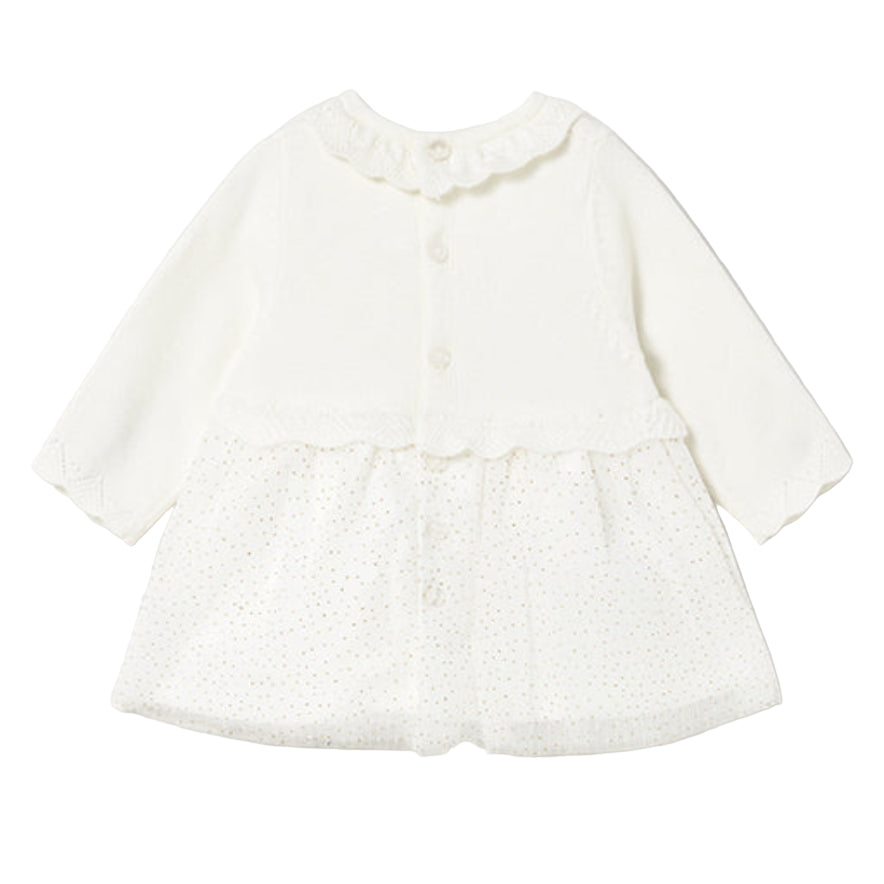 Baby Girl White Knit Dress – Long Sleeve Tricot Top with Tulle Skirt