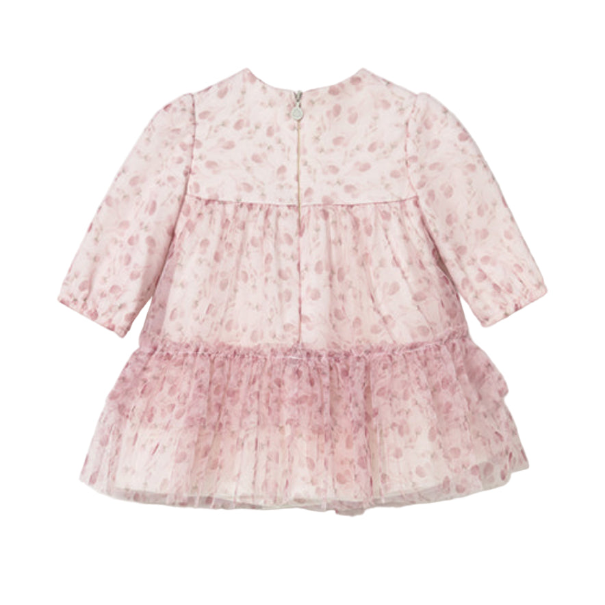 Petal Pink Layered Tulle Baby Dress with Floral Print