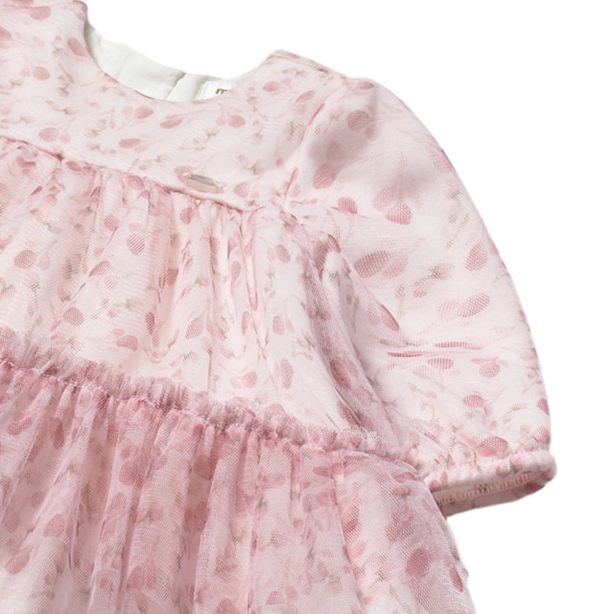 Petal Pink Layered Tulle Baby Dress with Floral Print