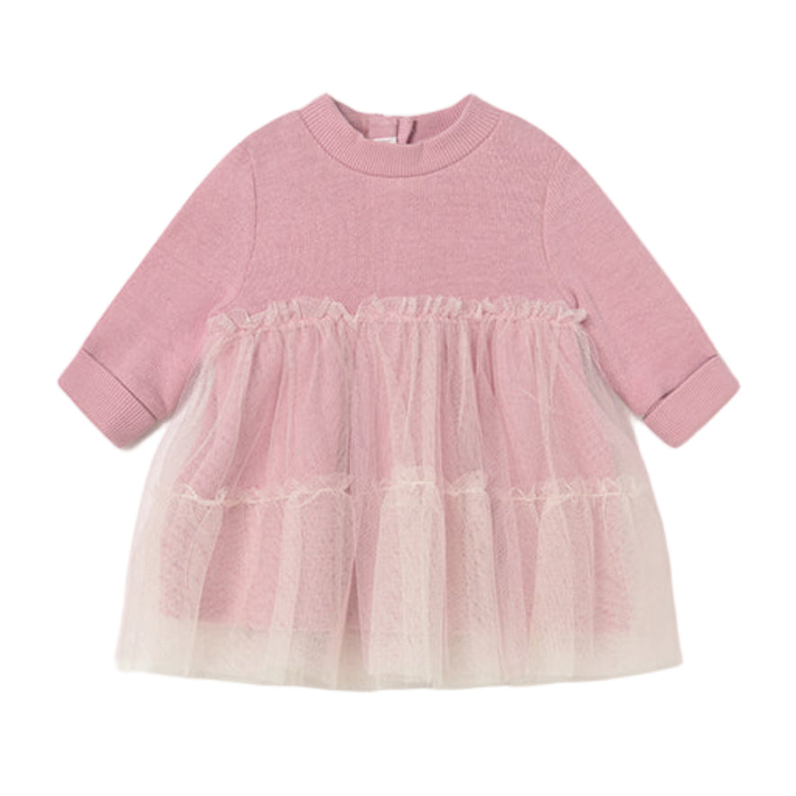 Long Sleeve Pink Baby Dress with Mesh Tulle Skirt