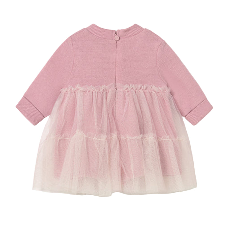 Long Sleeve Pink Baby Dress with Mesh Tulle Skirt