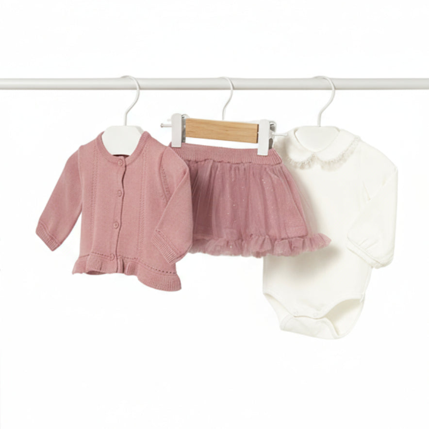 Baby Girl 3-Piece Knit Cardigan, Tulle Skirt & Bodysuit Set in Pink