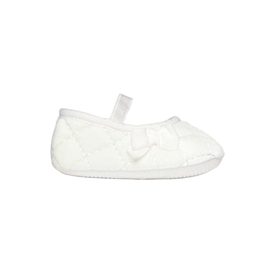 White Velvet Baby Shoes with Bow & Elastic Strap
