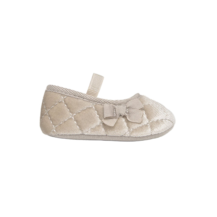 Champagne Velvet Baby Shoes with Bow & Elastic Strap