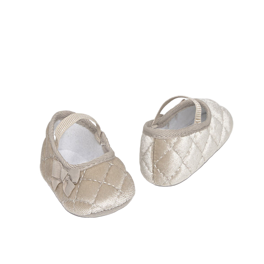 Champagne Velvet Baby Shoes with Bow & Elastic Strap
