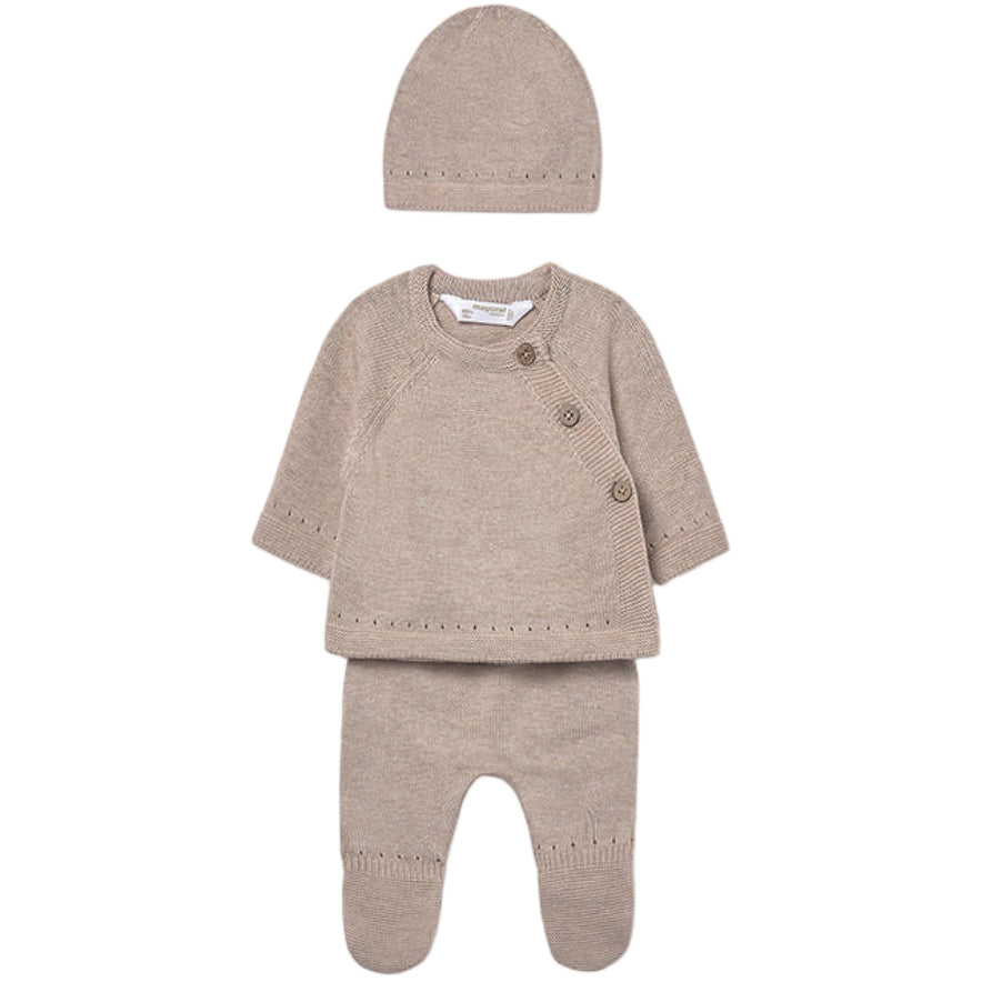 Baby Knit Gift Set – Taupe Tricot Sweater, Footie & Hat
