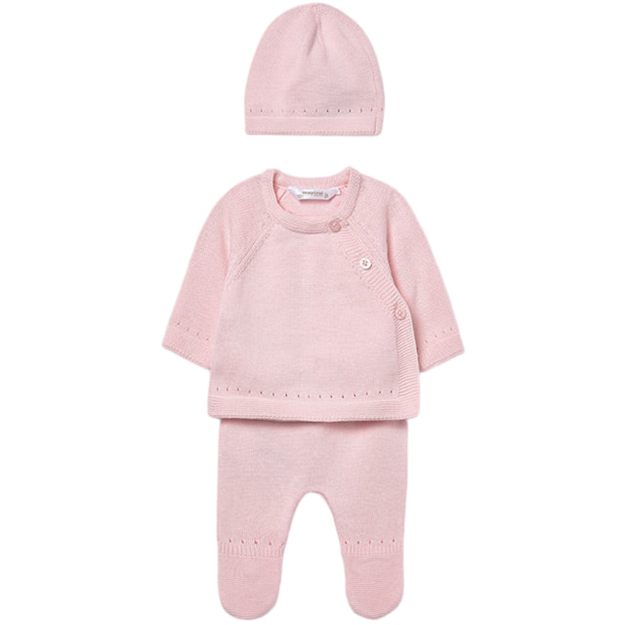 Pink Baby Knitwear Set – Cozy Tricot Sweater, Footie & Hat