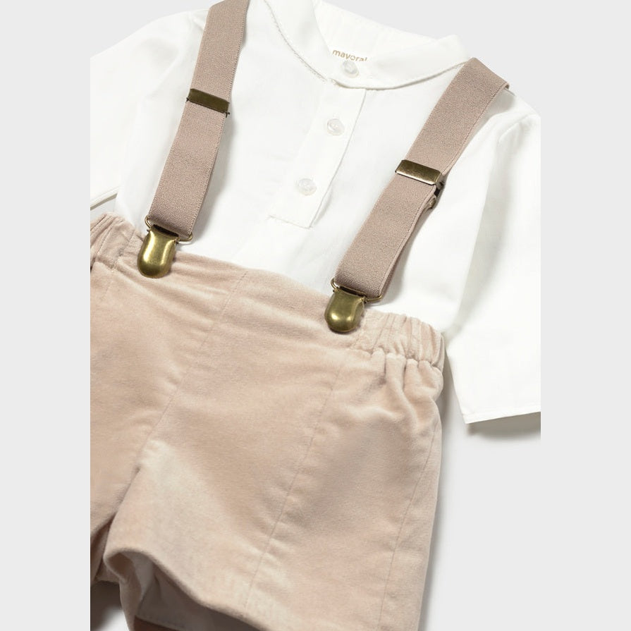 Baby Boys Shirt & Suspender Shorts Set in Beige