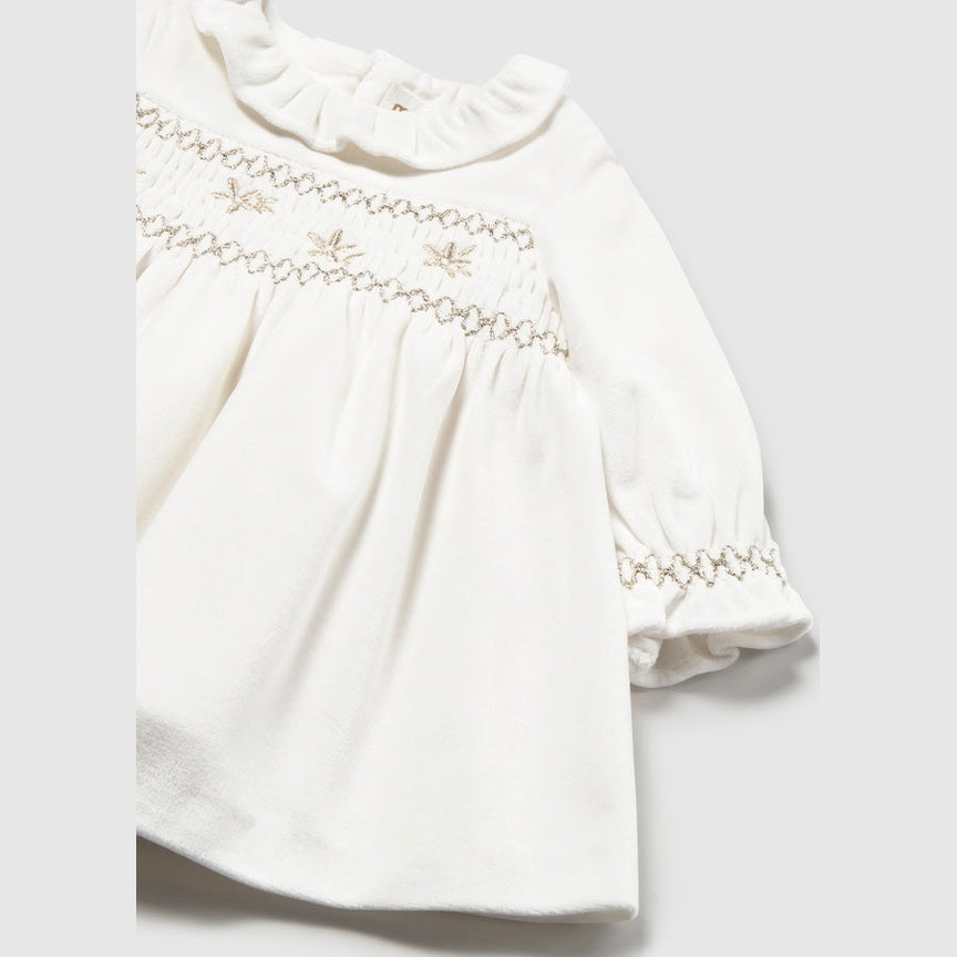 Baby Girls Off-White Velour Floral Dress with Ruffle Collar