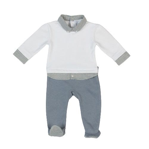 Baby Boy White & Blue Babygrow Organic Cotton One-Piece with Check Collar & Footed Legs