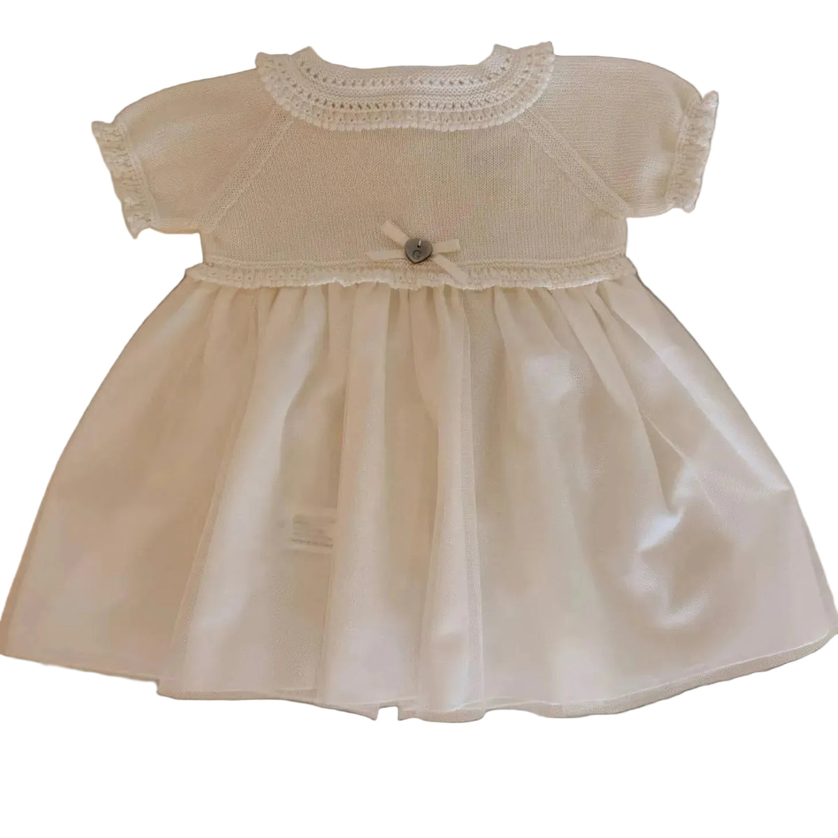 Baby Girls Ivory Knitted Dress with Tulle Skirt & Bow Detail