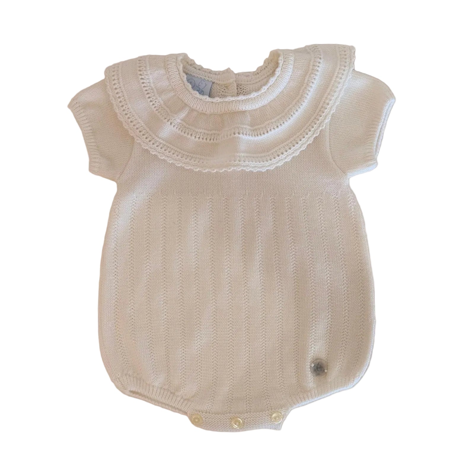 Beige Knitted Shortie Romper with White Scalloped Collar