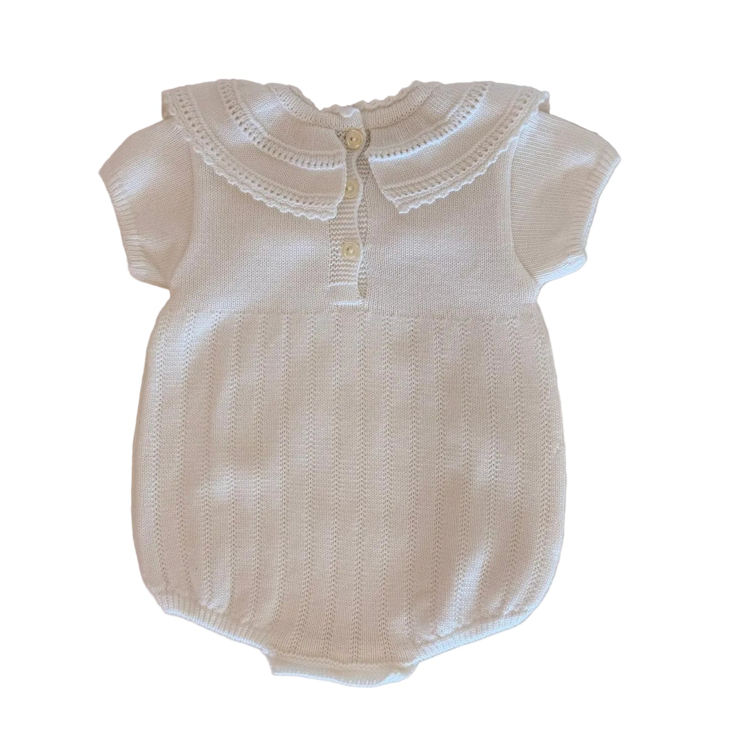 Beige Knitted Shortie Romper with White Scalloped Collar